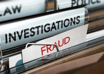 3D illustration of private investigator files with the words investigation and fraud