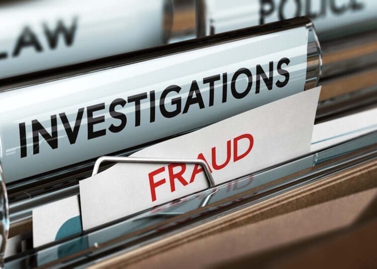 3D illustration of private investigator files with the words investigation and fraud