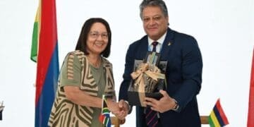 South African Tourism Minister Patricia de Lille and Mauritian Tourism Minister Richard Duval during the signing of a tourism cooperation agreement at Africa’s Travel Indaba 2026 in Durban. Photo: DoT