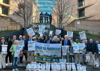Grain SA members protest outside the JSE over soybean pricing.

Photo: Grain SA