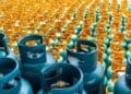 Stacks of LPG gas cylinders prepared for distribution