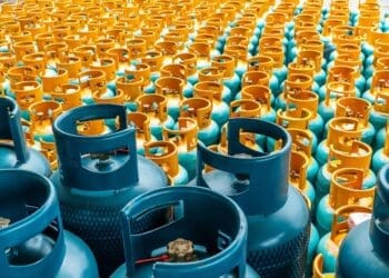 Stacks of LPG gas cylinders prepared for distribution