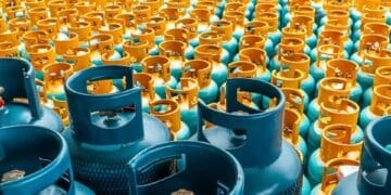 Stacks of LPG gas cylinders prepared for distribution