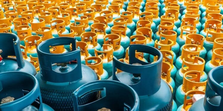 Stacks of LPG gas cylinders prepared for distribution