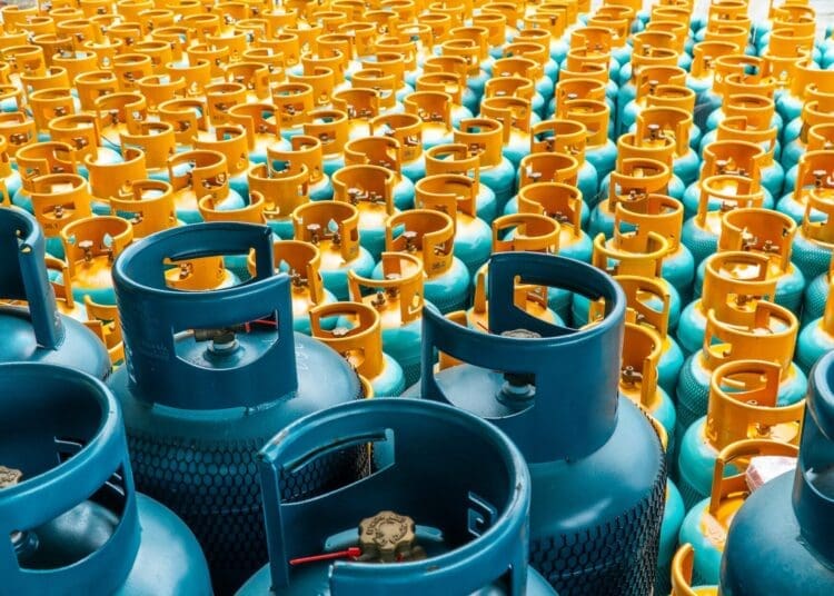 Stacks of LPG gas cylinders prepared for distribution