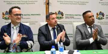 KZN Public Works and Infrastructure MEC Martin Meyer, Department of Trade, Industry and Competition Deputy Minister John Steenhuisen and KZN Public Works and Infrastructure head of department Dr Vish Govender launched the department’s new Property Finder portal.
Photo: Supplied